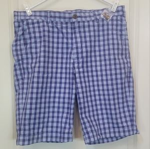 Men Cotton shorts Waist Size 35 flat front blue plaid RETRO  BROOKS BROTHERS